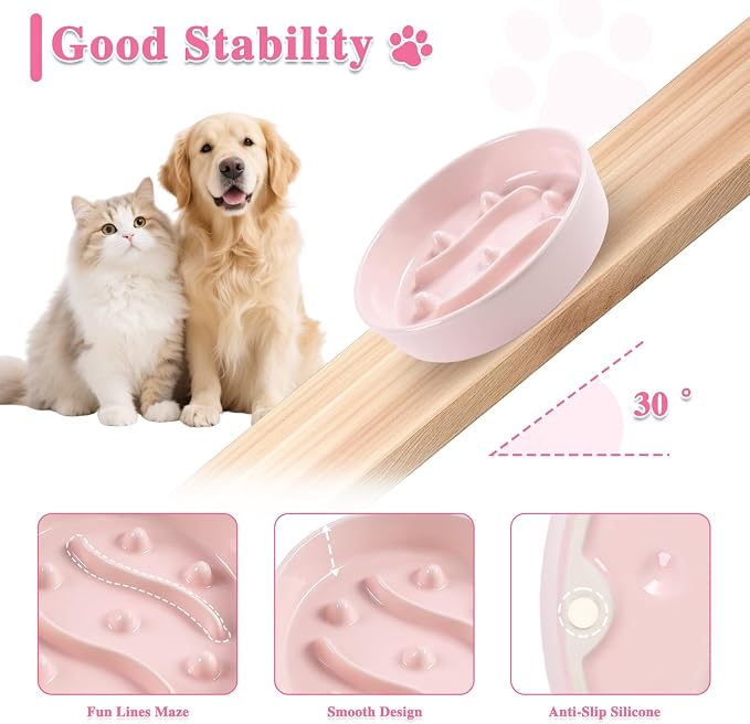 Ceramic Slow Feeder Dog Bowls,1.5 Cups Dog Food Dish for Medium& Large Dogs | 7.5 inch Puzzle Dog Food Bowl for Fast Eater, 28OZ, (Pink)