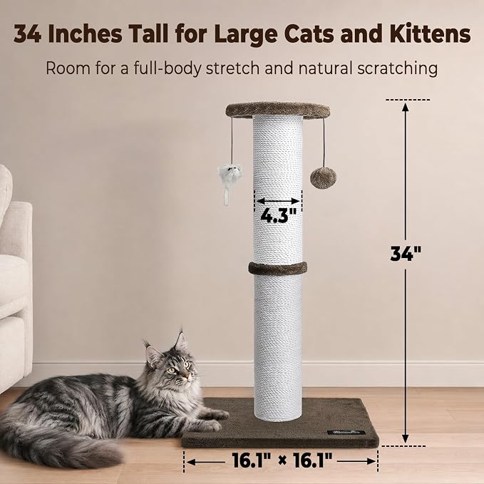 34-Inch Tall Cat Scratching Post for Large Cats, Stable Base, Brown | Heavy-Duty Cat Scratcher, Extra-Tall Thick Post, Soft Natural Cotton Rope, Hanging Interactive Cat Toys, Indoor Cat Furniture