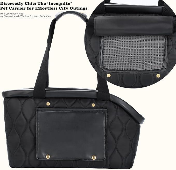 Luxury Dog Purse Carrier for Small Dogs Cats, TSA Airline Approved Puppy Kitten Carrier Soft-Sided Travel Tote Bag Up to 10 lbs (Black, 14.17'' L x 7.09''W x 8.66''H)