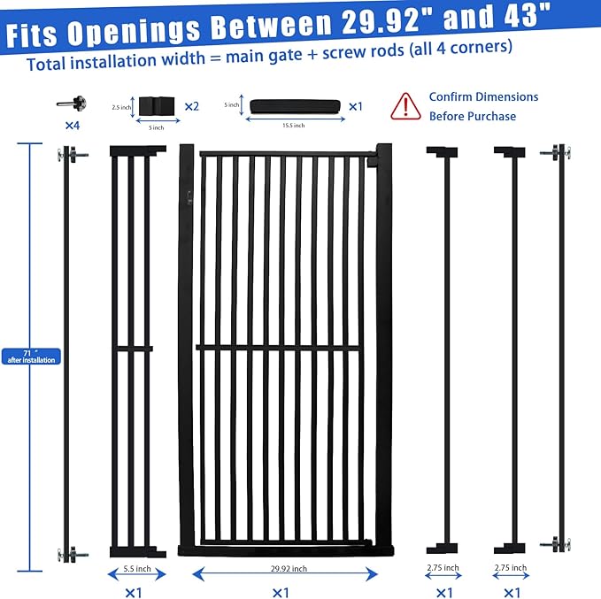 SHYUJAJIE 71 Inch Extra Tall Pet Gate for Cats | 29.92"-43" Adjustable Wide Dog Gates,Pressure Mounted Walk Through Tall Pets Gate for Doorways,Hallway,Stairs,White
