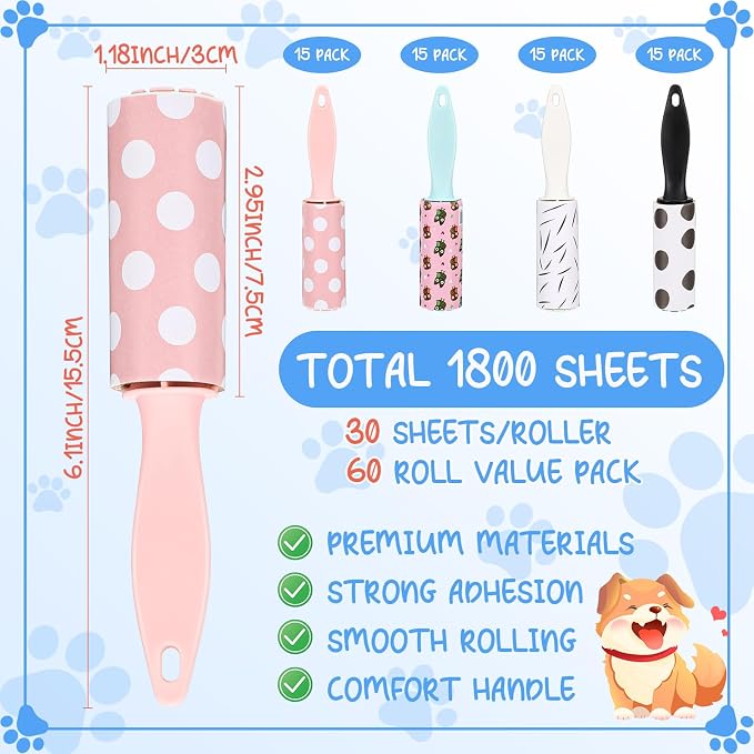 Hushee 60 Pcs Bulk Mini Lint Roller for Pet Hair and Clothes Lint Roller Travel Size Removers Sticky Removing Tool for Travel, Gift Bags, Furniture, Car Seat