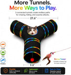 Cat Tunnels Tube Toy with Plush Ball & Cat Wand Feather Toys-Portable Tattaff Waterproof Washable-Interesting Geometric Pattern Collapsible-3 Way Black Rainbow