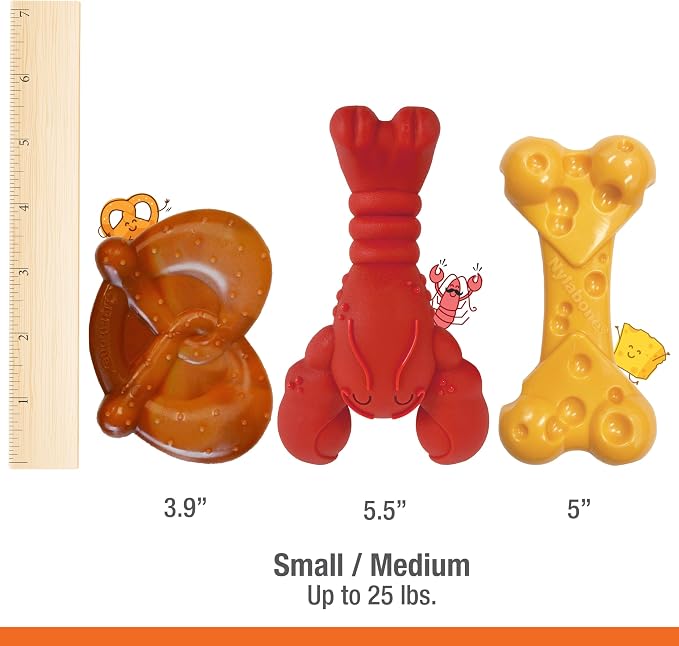 Nylabone Power Chew Lobster, Cheese, & Broccoli Dog Chew Toys, Small | 3 count, filet mignon, cheese, and bacon flavor, variety of shapes, durable chew toys, long lasting, for dogs up to 25 lbs