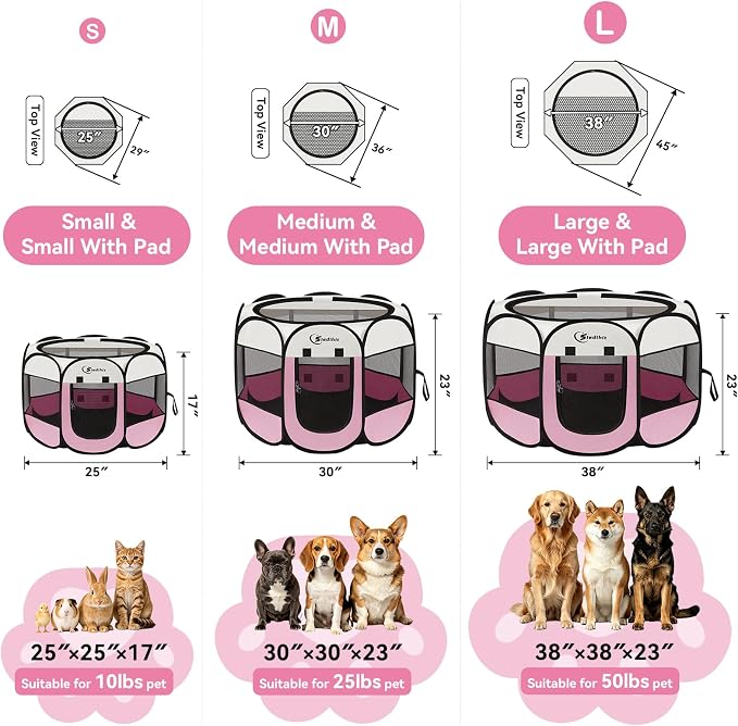 Sieidihit Dog Cat Pet Playpen Puppy Crate Cage Indoor Outdoor, Medium Pink | Nursing Rest Zone Recovering Pet Quarantine Room Portable Pop Up Easy to Set up lightweight Carrying Bag Wide applicability