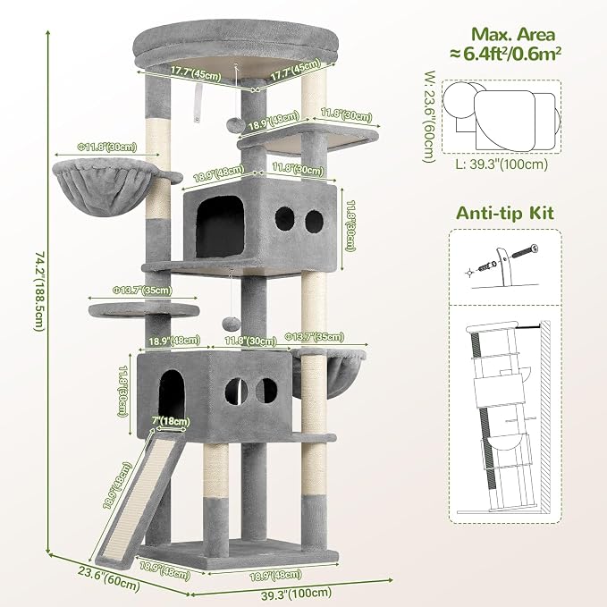 Globlazer S74G 74in Tall Cat Tree for Indoor Cats Large Adult, Beige | Sturdy Heavy Duty Cat Tree Tower for Multiple Cats with 7 Scratching Posts, 2 Spacious Condos, 2 Hanging Baskets
