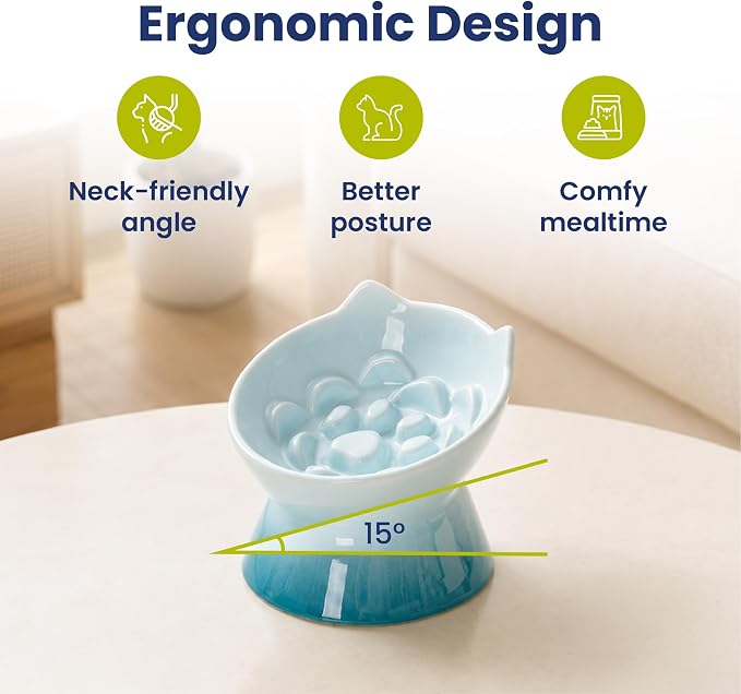 Lynx Ceramic Raised Slow Dog & Cat Elevated Food Bowl, Arctic Ombre | Tilted 15° Elevated Pet Food Bowl, Whisker-Friendly, Anti-Choking Dish, Dishwasher Safe, Nonslip, Food Grade Material