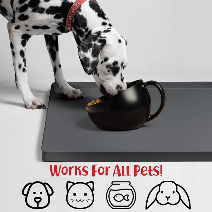 DogBuddy Dog Food Mat – Waterproof Dog Bowl Mat for Food and Water, Silicone Pet Feeding Mats For Floors, Non-Slip Placemat with High Edges For Dogs Bowls, Puppy Essentials (XL: 28" x 18", Shadow)