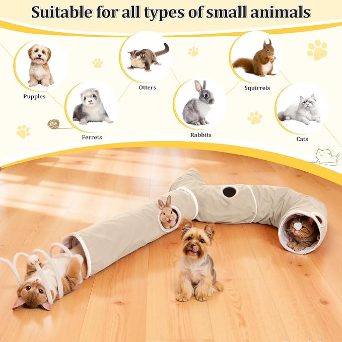 Ownpets 2-in-1 Cat Tunnel Large Lollipop Collapsible Cave Plush,12"D, Beige | Foldable Tunnel Bed, Fluffy Ball, Multi-Exit Maze, For Cats Kittens Puppies Rabbits, Soft Plush, Easy Store, Cozy Hiding Spot