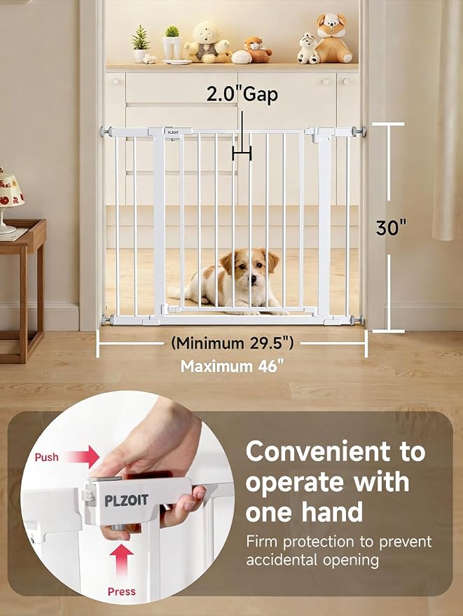 29.5-40.5" Baby Gate for Stairs, Dog Gate for Doorways, Walk Thru Auto Close Metal Baby Safety Gate for The House, Stairs and Doorways, Child Gate Pressure Mounted, Pet Gate for Dog Indoor - White