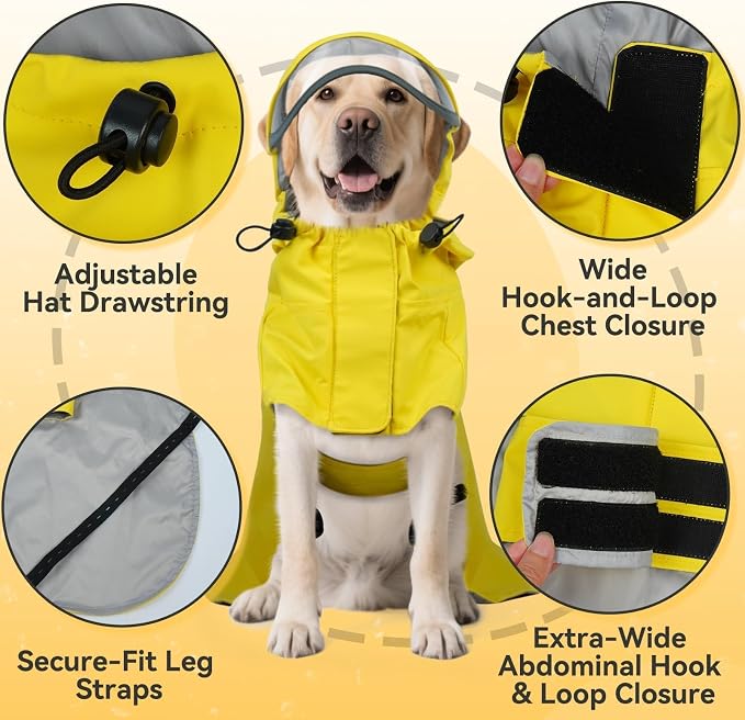 Waterproof Dog Raincoat with Hood, Windproof Rain Jacket for Medium Dogs | Adjustable Dog Rain Coat with Leash Hole, Reflective Poncho for Rainy&Snowy Day, Fits French Bulldog, Beagle, Shiba Inu