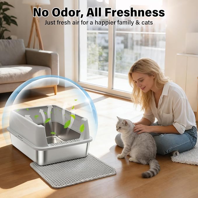 Stainless Steel Litter Box with Lid,Cat Litter Box for Kitten | Metal Kitty Litter Box for Small Cats,Non-Stick,Anti-Leakage,Easy to Clean,Include Scoop and Mat