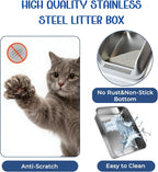 Stainless Steel Cat Litter Box, High Wall Kitty Litter Box for Small Cats, Metal Litter Box with Lid, Non-Sticky, Anti-Leakage, Easy Cleaning, Include Cat Mat and Scoop, 17.2"x13.2"x8.4"