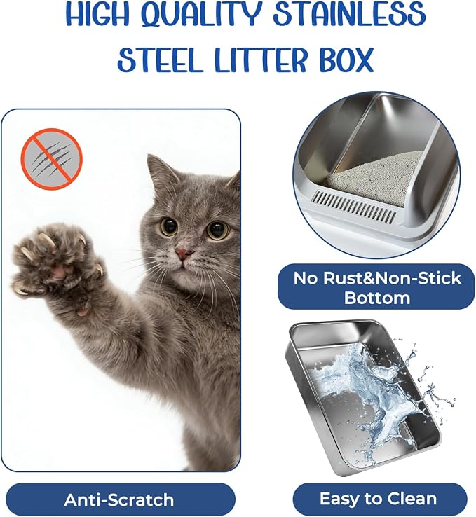 Stainless Steel Cat Litter Box, High Wall Kitty Litter Box for Small Cats, Metal Litter Box with Lid, Non-Sticky, Anti-Leakage, Easy Cleaning, Include Cat Mat and Scoop, 17.2"x13.2"x8.4"