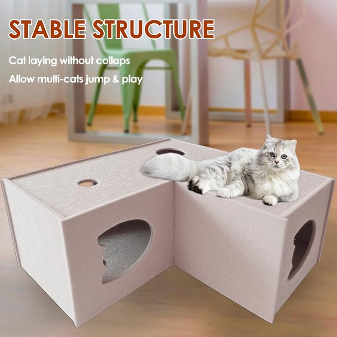 Homegroove Cat Tunnel for Indoor Cats, Felt Cat Play Tunnel, Beige, L-Shape | Felt cat tunnel, interactive peek holes, cat tunnel bed, hide & seek toy, DIY peekaboo cat toy for indoor play