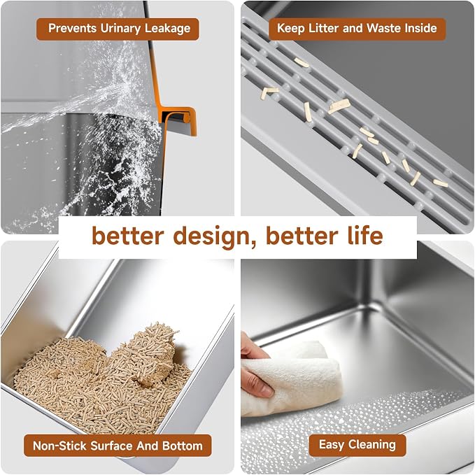 Stainless Steel Litter Box XL | Prevents Urine Leakage Includes Scoop Durable & Sturdy Odor-Resistant