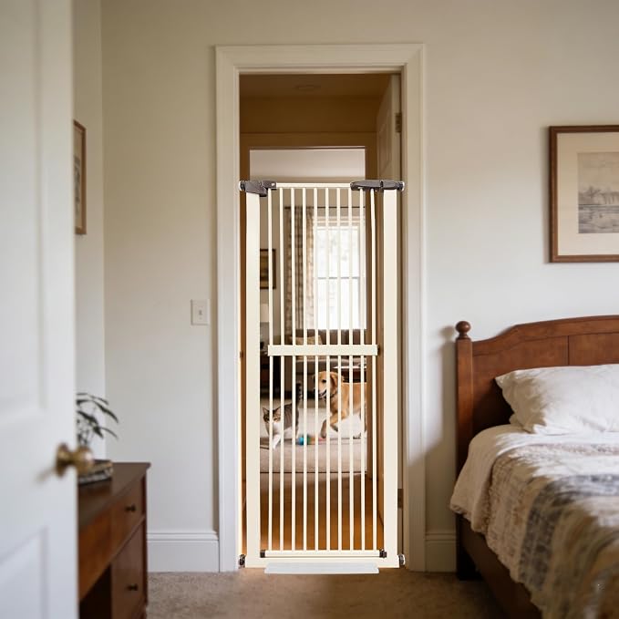 Lumizone 61.02" Extra Tall Pet Gate for Cat Dog 26.38"-30.11" Wide Cream | Extra Tall Cat Gate for Doorway Hallway Stairs Pressure Mounted 1.37" Gap No Drilling Auto-Close Dual-Lock