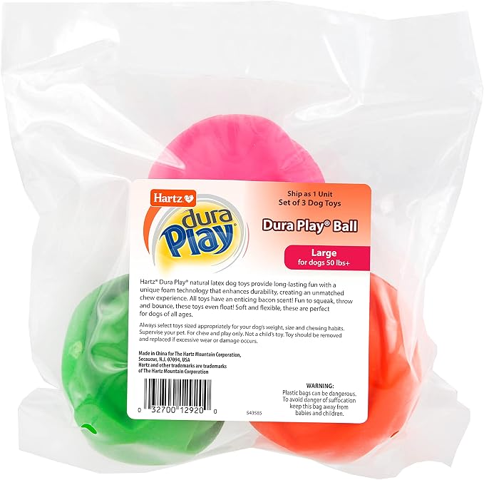 Hartz DuraPlay Ball Squeaky Latex Dog Toy, Neon Green, Neon Pink & Neon Orange, Large 3 Count Pack