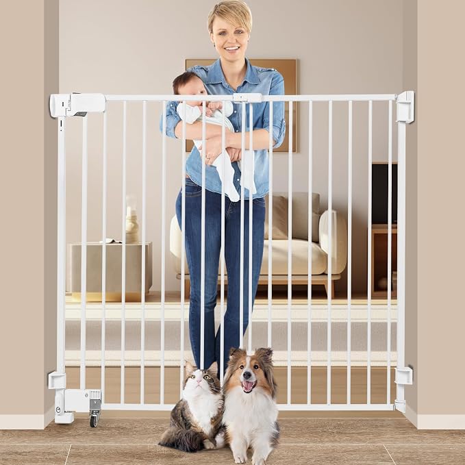 SHYUJAJIE No Bottom Bar Baby Gate, 51.18 inch Tall Cat Pet Gate | for Doorway, Adjustable 27.5in- 43 in Dog Gate with Large Walk Thru Door,White
