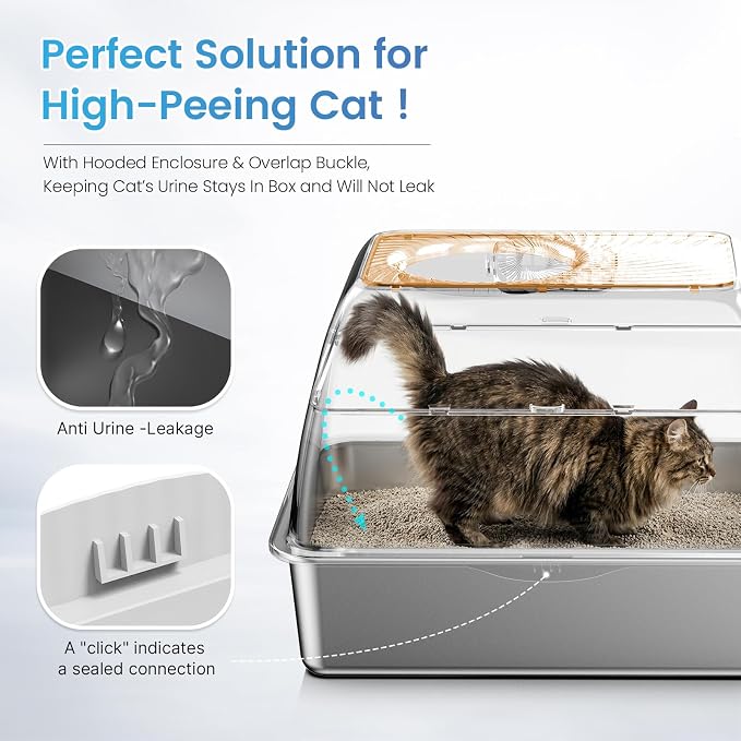 SuzziPaws Stainless Steel Litter Box Dog-Proof Leak-Proof for Multi-Cats | XL Orange Hooded Top-Entry with Filter Lid & Scoop, Cat Litter Box High Walls Prevent Spills, Ideal for Multi-Cats
