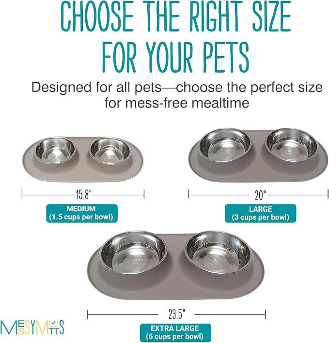 Messy Mutts Double Silicone Dog Feeder, Stainless Bowls, Large, Grey | Non-Slip Silicone Double Dog Feeder With Two Removable Stainless Steel Bowls For Food And Water