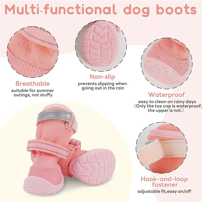 Allroaring 4PCS Anti Slip Paw Protectors for Indoor and Outdoor, Pink 4# | Dog Shoes for Summer, Two Straps, All Terrain Adaptable, Dual Indoor Outdoor Use, Quick Wear Design, Secure Fit, Prevent Lick