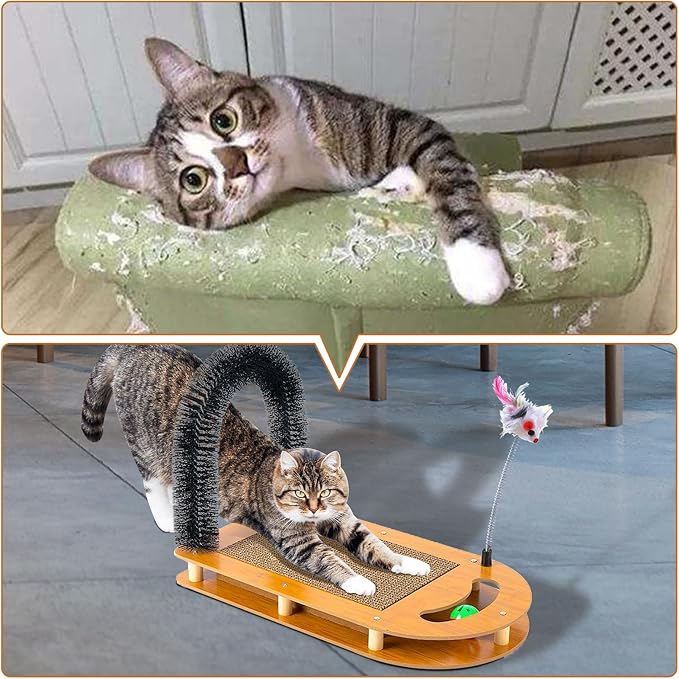 5-in-1 Multifunctional Cardboard Cat Scratcher,Cat Hair Brush for Grooming with Sturdy Cat Scratching Pad and Catnip Toy