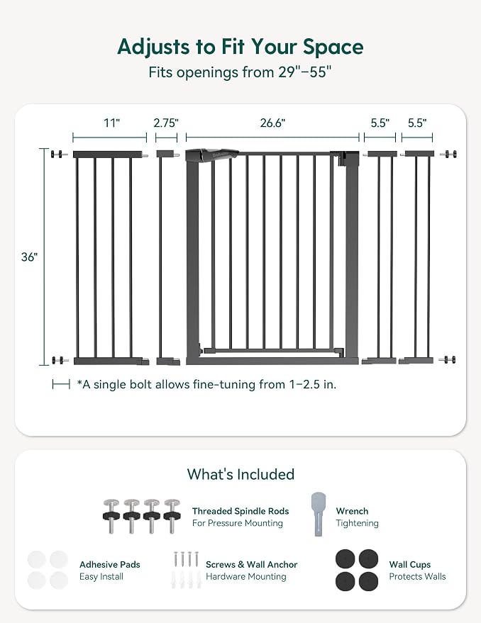 Babelio 36" Tall Baby Gate, PressGuard P7, 29-55" Auto Close Pressure Mounted Dog Gate for Doorways & Hallway, Basics Easy Walk Thru Pet Gate, Extra Wide Metal Child Gate, Black
