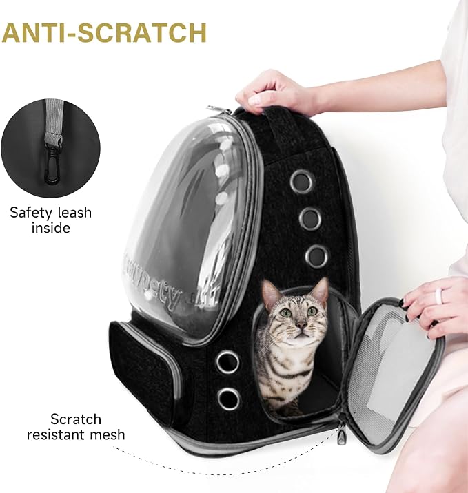 Cawypety Cat Backpack Carrier Large Space Bubble Backpack up to 12lbs Black | Breathable Mesh, Safety Leash, Sturdy, Transparent & Foldable Pet Carrier for Travel Hiking, Pet Backpack for Kitty Small Dog