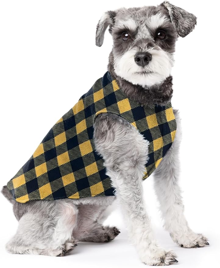 Goldpaw Stretch Fleece Dog Sweater - with Spandex for 4-Way Stretch - Soft, Comfortable Dog Coat - Machine Washable - Made in the USA - Gold Buffalo Check - Size 10