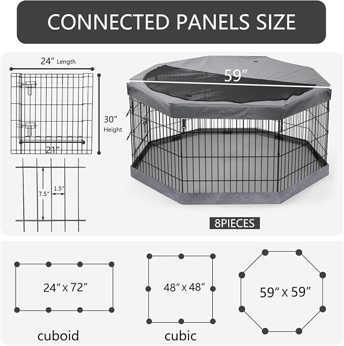 PETIME Foldable Metal Dog Exercise Pen/Pet Puppy Playpen Kennels Yard Fence Indoor/Outdoor 8 Panel 24" W x 30" H with Top Cover and Bottom Pad (Playpen+Bottom+Top Cover, 8 Panels 30" H)