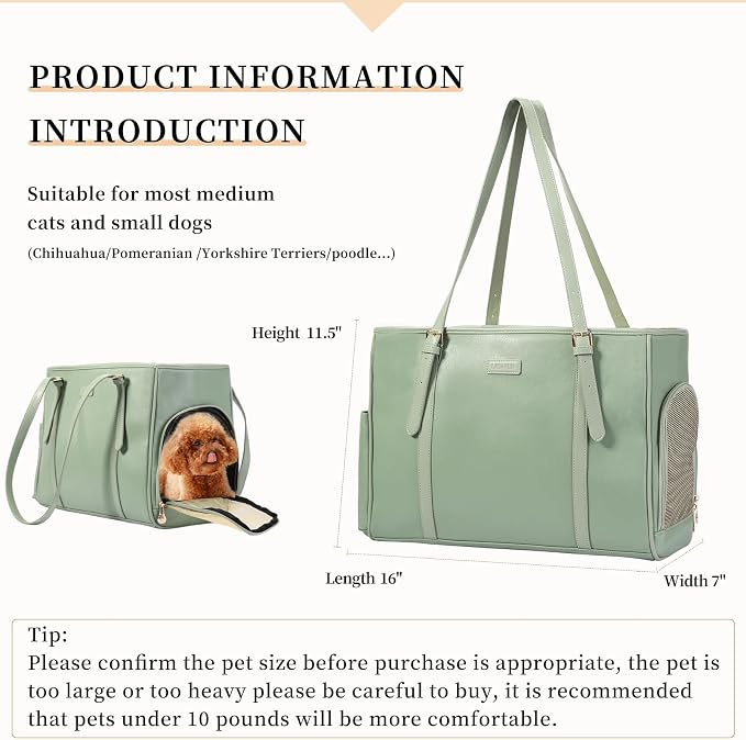 Lasaviin Fashion Dog Purse Pet Carrier Leather Bag for Small Dogs Cats Puppy, Portable Tote Bag Airline Approved Soft-Sided Carriers (Green)