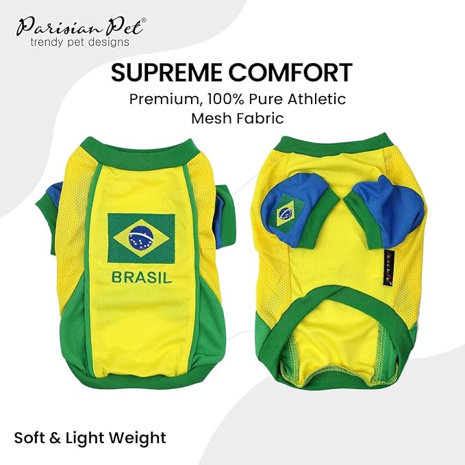 Parisian Pet Team Brazil Dog Jersey - Breathable Mesh Puppy Football Jersey - Lightweight Stretch Sporty Dog Clothes - Summer Shirts for Large Dogs - Soccer Jersey for Dogs - Sportswear Pet Clothes