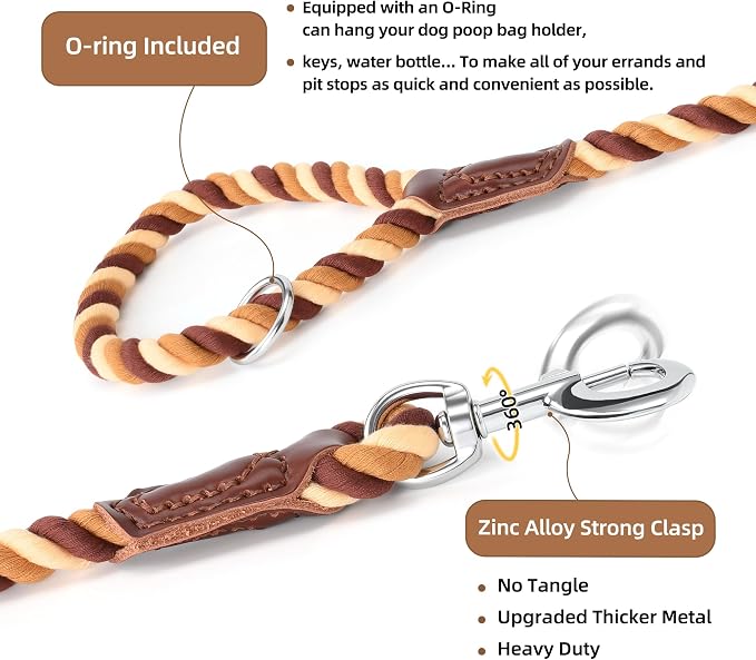 Mile High Life Rainbow Dog Leash Braided Cotton Rope w Leather-Wrapped Ends | Rust-proof 360° swivel clasp, Heavy-duty for medium/large breeds. Great for weddings, daily walks (4FT, 1/2", Brown Gradient)