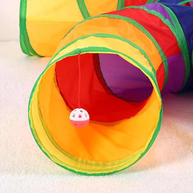 Pet Cat Tunnel, 4 Way Tunnels for Indoor Cats, Collapsible Pet Tunnel for Kitten, Puppy, Rabbit, 25cm-Wide Tunnels, Durable & Breathable, with Peek Hole Toy Ball