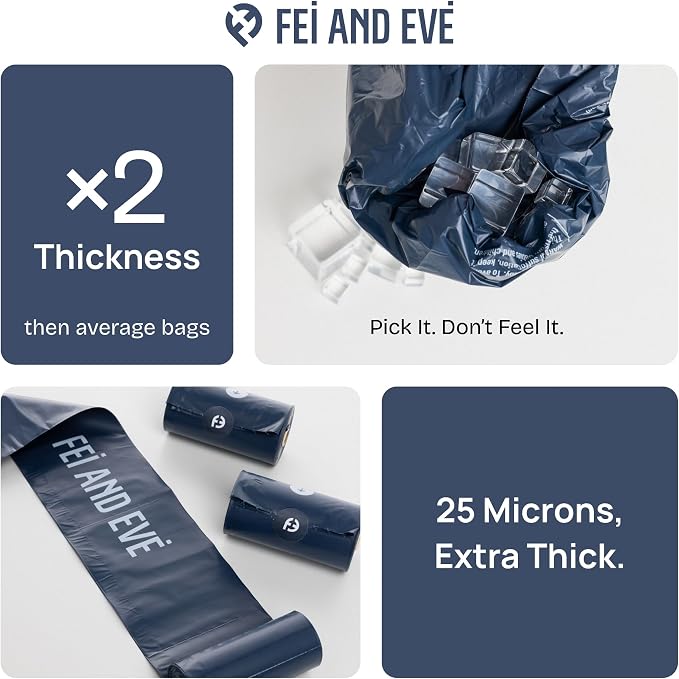Fei & Eve Dog Poop Bags 8 Rolls, Extra Thick 25 Micron & 100% Leak-Proof | Unscented, Full Blackout & Odor-Locking, Stretch Resistant, Easy to Tear off, Waste Bags