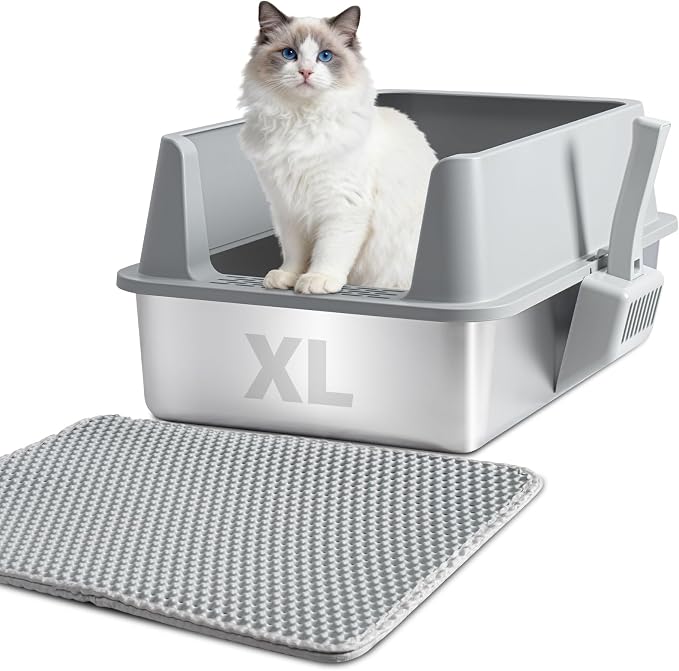 XL Stainless Steel Litter Box with Lid, Extra Large Cat Litter Box | Metal Cat Litter Box for Big Cats with High Sides, Anti-Urine Leakage,Easy Cleaning, Non-Stick, Include Scoop and Mat