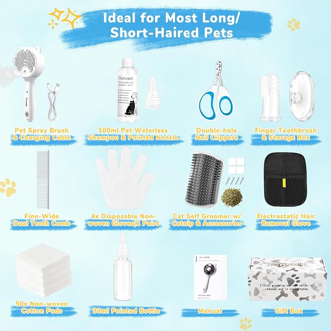 10Pcs Mist Spray Brush Kit for Cats & Dogs, Hair Health & Grooming Set | 100ml Waterless Shampoo, Cat Scratcher w/ Catnip, Nail Clippers, Toothbrush, Comb, Eye Ear Paw Dry Wipes & Gloves, Gift-Set