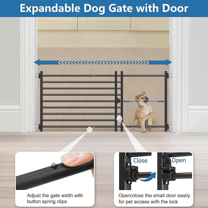 Malier Indoor Dog Gate with Door, 34-55" Extra Wide Full Metal Pet Gate Short Dog Gate for Stairs, Pressure Mount 10'' Tall Small Puppy Low Gate Easy Step Over for Doorways