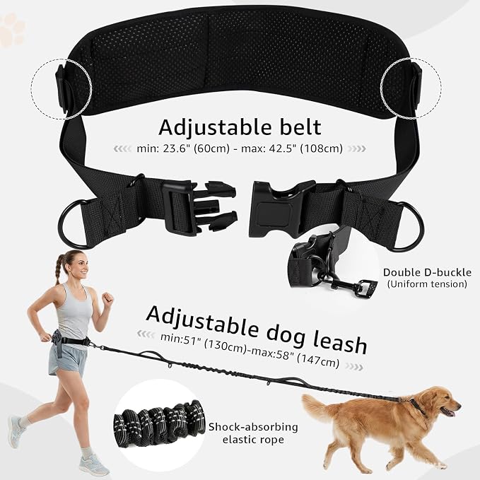 Hands Free Dog Leash with Waist Pack Bungee for Running Black | 4 Metal Clips, Reflective Stitching, Shock Absorbing Bungee, Adjustable Waist Belt, 28 to 48 Inch Fit, Zippered Pockets