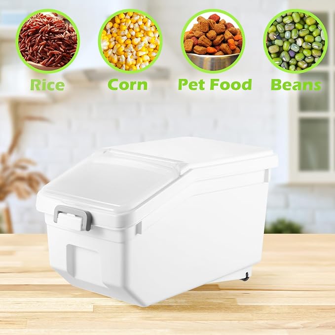 4 Pcs Rice Storage Containers Bulk Flour Sugar Container Wheels Measuring Cups Set Airtight Pet Dog Cat Birds Food Bin Grain Cereal Organizer Box for Dry Baking(White,22 lb)
