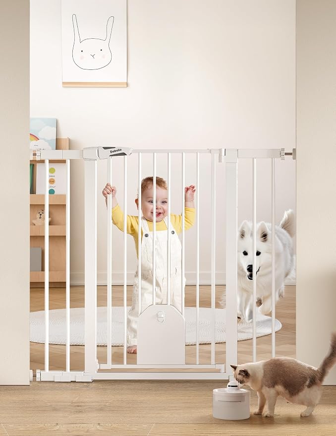 Babelio 36" Tall Baby Gate with Adjustable Cat Door, CatPrivilege I, 29-43" | Auto Close, Safety Gate for Stairs, Easy Walk Thru with Pet Door, Includes 4 Wall Cups and 3 Extension Pieces, White