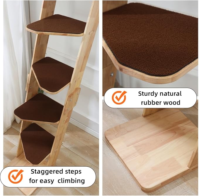 SHENGOCASE Modern 70" Tall Natural Wood 6 Level Leaning Cat Climbing Ladder Tree Tower with Large Perch Platform for Wall Window, Solid Wood Furniture for Multiple Cats