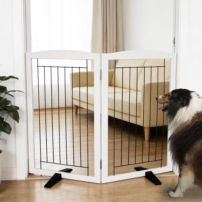 Dog Fence Indoor,Dog Gate Indoor for Doorway pet gate -2-Panel Freestanding, Hallways, House or Stairs -40x32-Inch Retractable Foldable Expandable Wood Pet by SFJC (White) ﻿