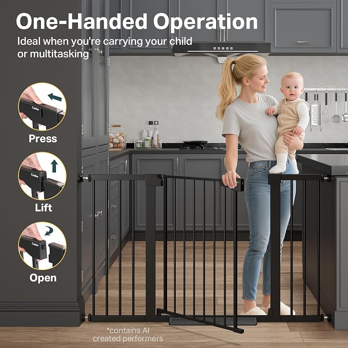 Cumbor 29.7-51.5 in Extra Wide Baby Gate for Stairs, Dog Gate Indoor Black | Mom's Choice Awards Winner, Auto Close with Double Lock for Doorways, Child Gate for Toddlers & Pets, Pressure Mounted