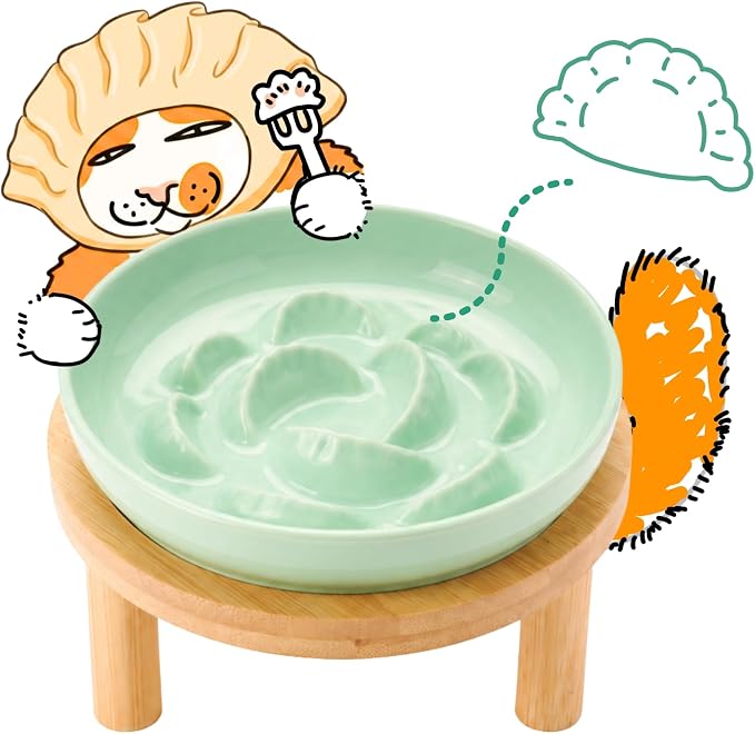 Slow Feeder Cat Bowls with Bamboo Stand, Ceramic Elevated Pet Food Plates for Cats and Small Dogs, Raised Non-Slip Feeder (Green/6.3")