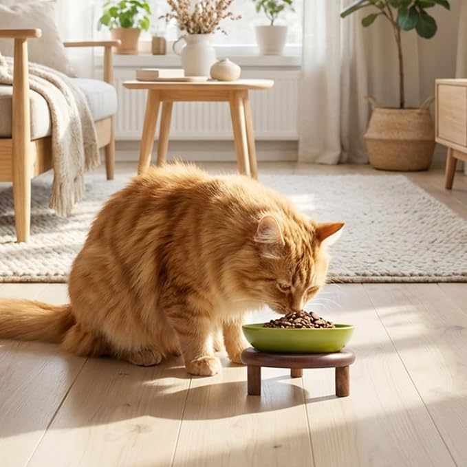 SPUNKYJUNKY Extra Wide Elevated Ceramic Cat Bowl with Acacia Wood Stand Whisker Friendly (Cat Paw Pattern, 2 Pack, Green)