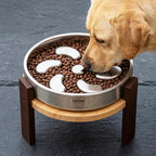 Elevated Dog Bowl Stand, 7'' Height Raised Stand for Large Dogs, Includes 3Cups Stainless Steel Slow Feeder Dog Bowl, Durable Solid Hardwood