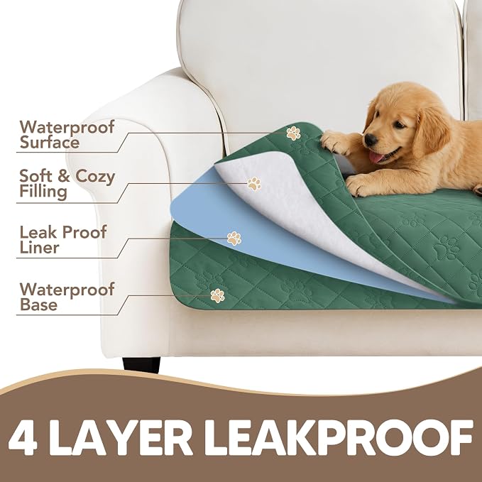 PAWFINITY Waterproof Bed Cover for Dogs, Pet Blanket for Mattress Washable | Paw Print Quilted, Hair Resistant, Anti Cat Scratch, Pee Proof Furniture Protector for Cal King Bed, 82x102 Inch, Green