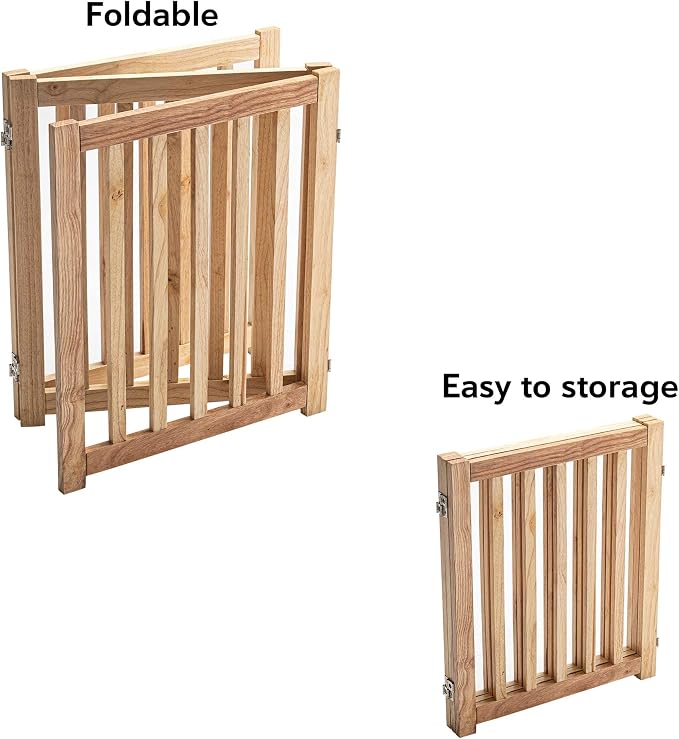 LZRS Wooden Free Standing Dog Gate 60" W x 24" H, Foldable Solid Hardwood Pet Safety Fence for House Doorways, Stairs, Hallways, Step-Over Pet Barrier, No Drill Easy Setup, Natural