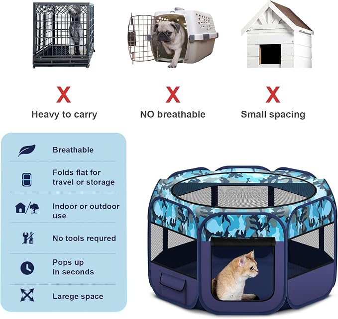 Pop Up Pet Playpen and Whelping Box, 48 x 48 x 24 in, Navy Blue | 48 x 48 x 24 in for pets up to 50 lb; waterproof 600D Oxford base, locking zippers, shade top, carry bag, and 16 oz bowl.